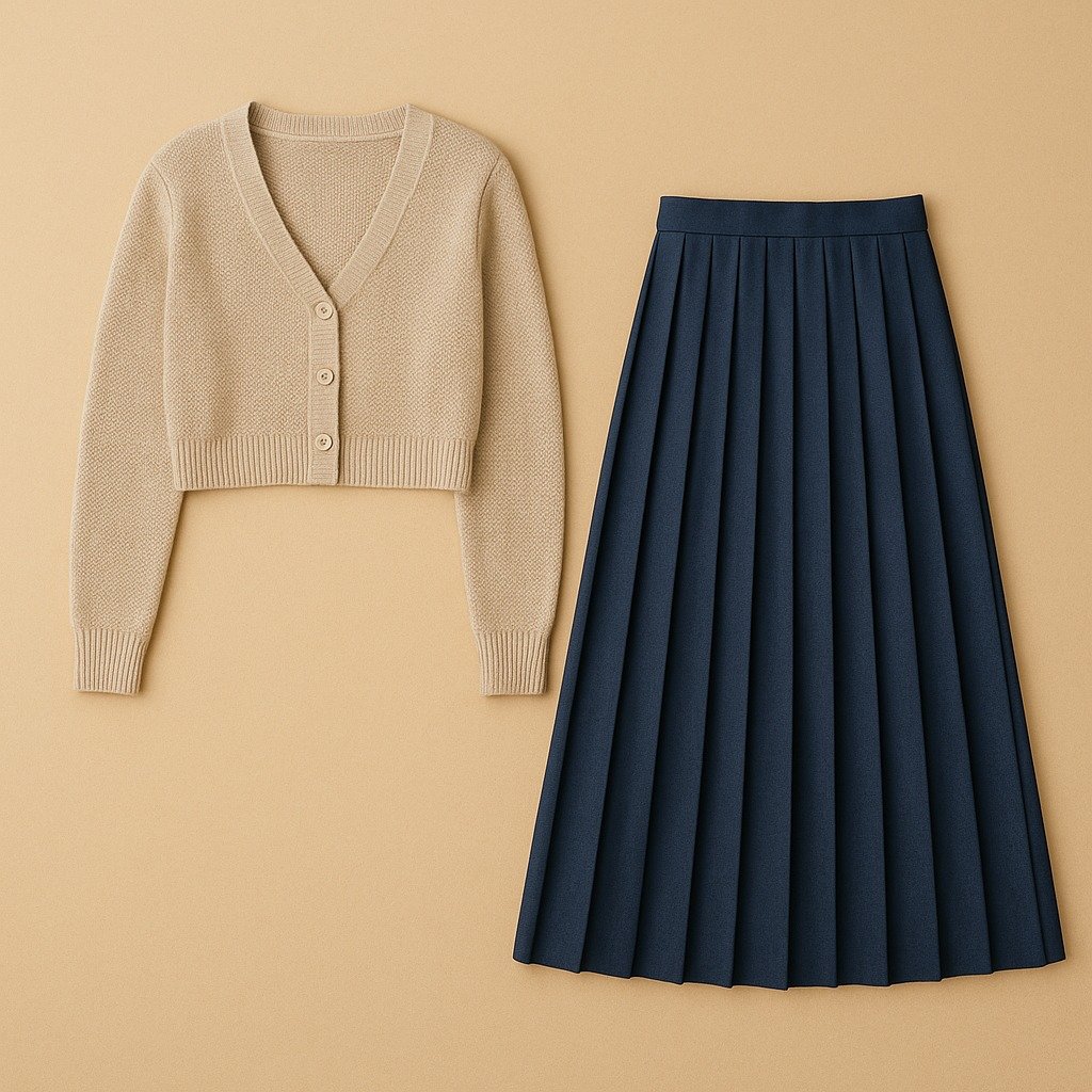 Complete cropped cardigan and pleated midi skirt flat lay