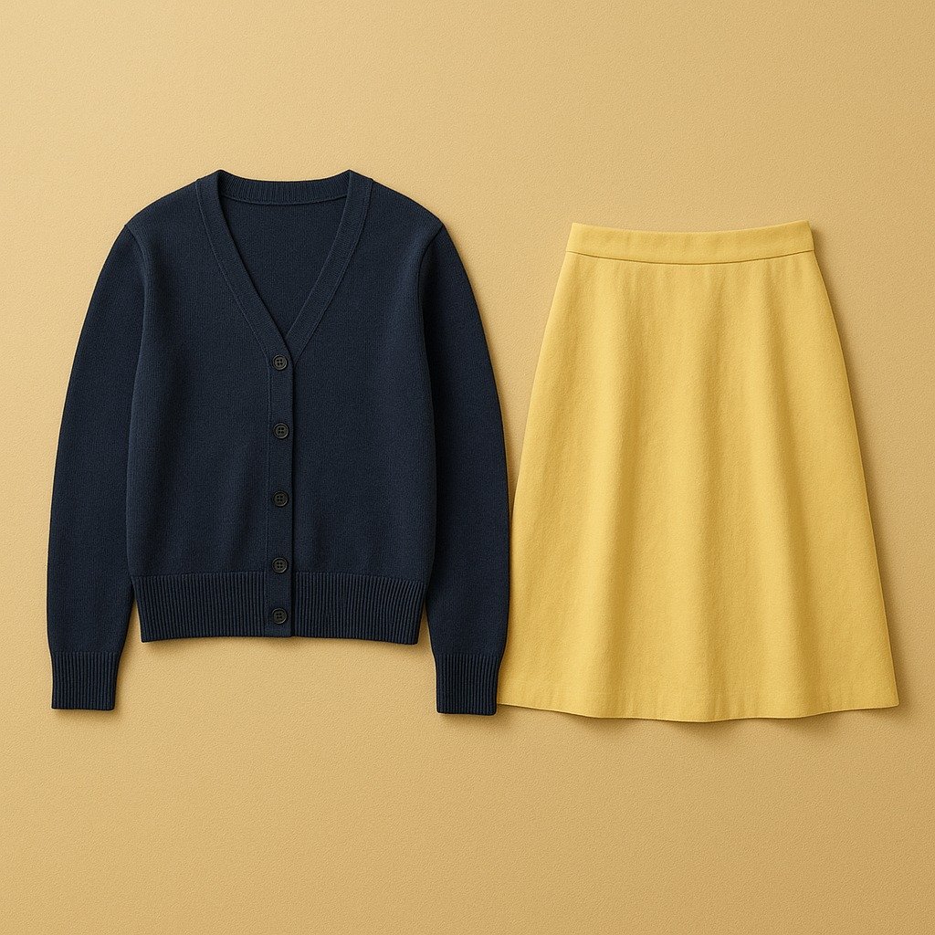 Unbranded cardigan and skirt photographed as separate complete garments